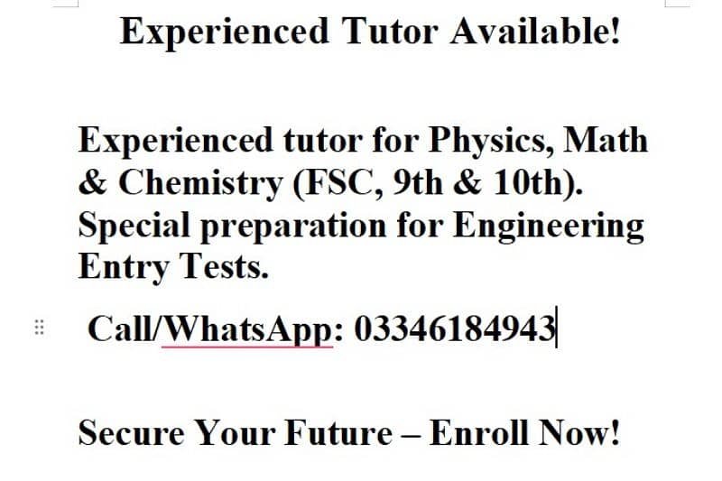 For FSC (Non medical) Tutor available 0