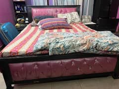 Queen size bed with mattres side table and dressing table