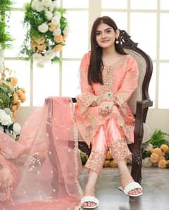 Embroidered Organza Women Suit Set 3 pecs in Peach Free delivery