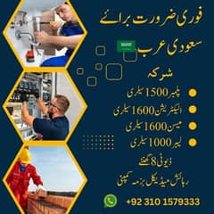 Jobs in Saudia Arabia, Company Visa, Work visa, Plumber, Electrician