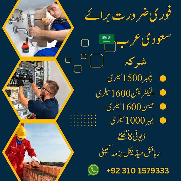 Jobs in Saudia Arabia, Company Visa, Work visa, Plumber, Electrician 0