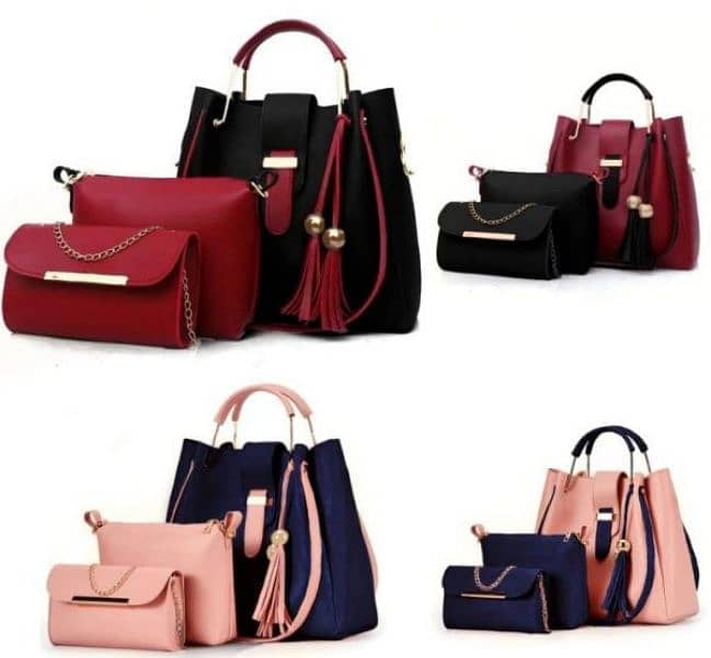 3 Pcs Women’s Leather Plain Hand Bag Set For Women Fashionable New S 4