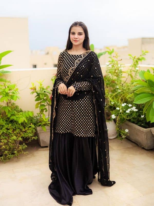 Stunning Black Chiffon sequins Embroidered Gharara Shirt Set 3 pcs 1