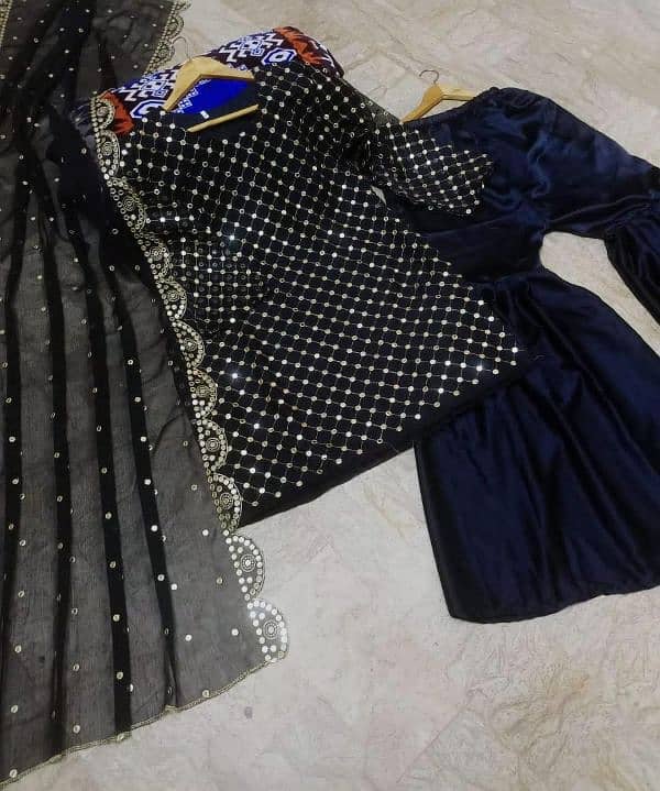 Stunning Black Chiffon sequins Embroidered Gharara Shirt Set 3 pcs 3