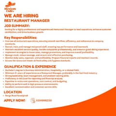 We are Hiring Restaurant Manager & Cashier (CSR)