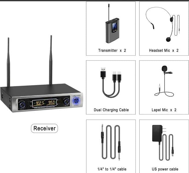 HOTEC UHF Wireless Microphone System with Dual Headset Microphones. 1