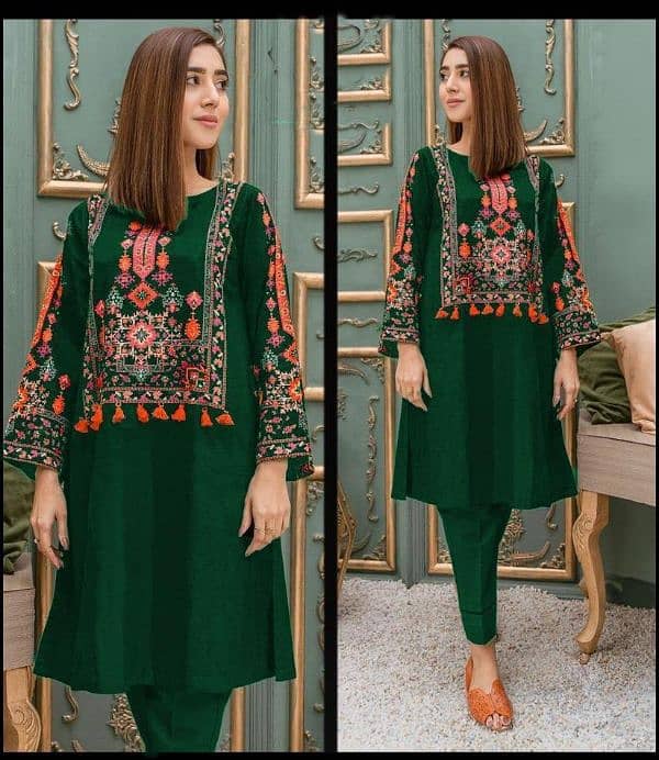 2 Pcs woman Stitched Linen Embroidery Shirt and Trouser 2