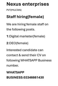 Staff hiring(female)