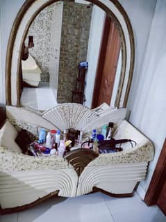 Bed with mattress side table. . dressing table mirror