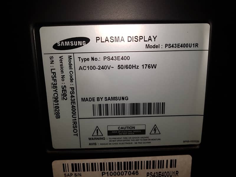 Samsung Plasma LCD 43” (model: PS43E400) 2