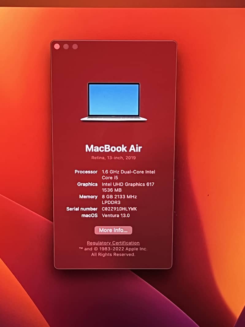 2019 Macbook Air 13" Intel I5 256gb SSD 4