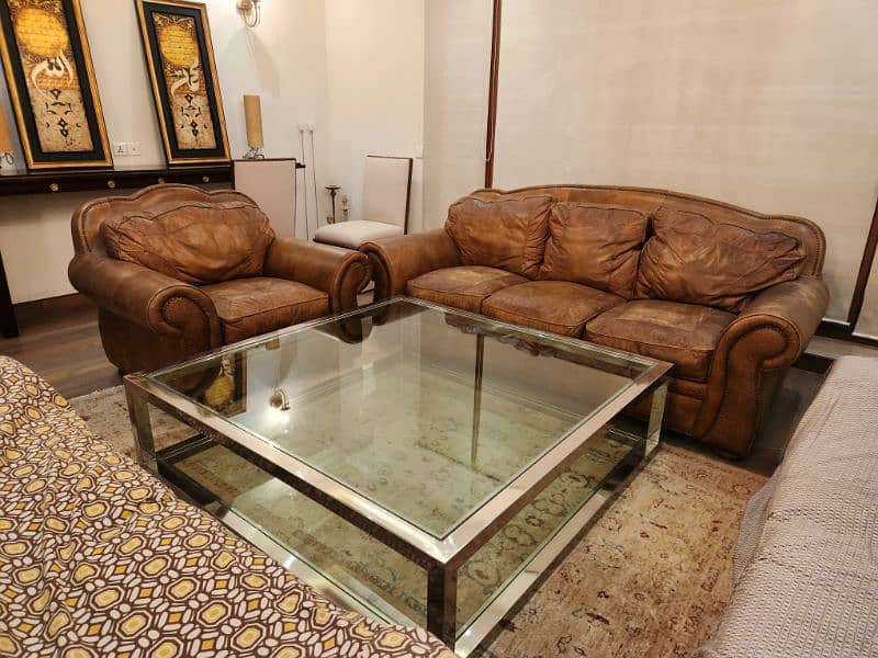 Leather sofa set+ Glass table + patio table + antique wooden table 0