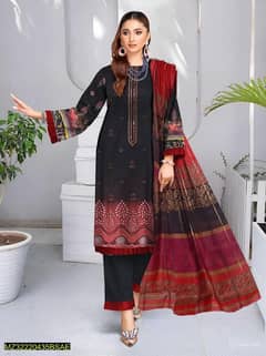 3 pcs women Unstitched lawn printed suit (Color Black only)