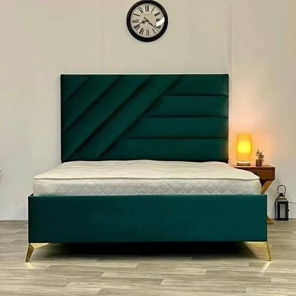 Elegant Green Velvet Bed with Side Table 0