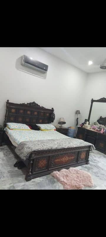 heavy original wooden bed with side tables without mattress 0