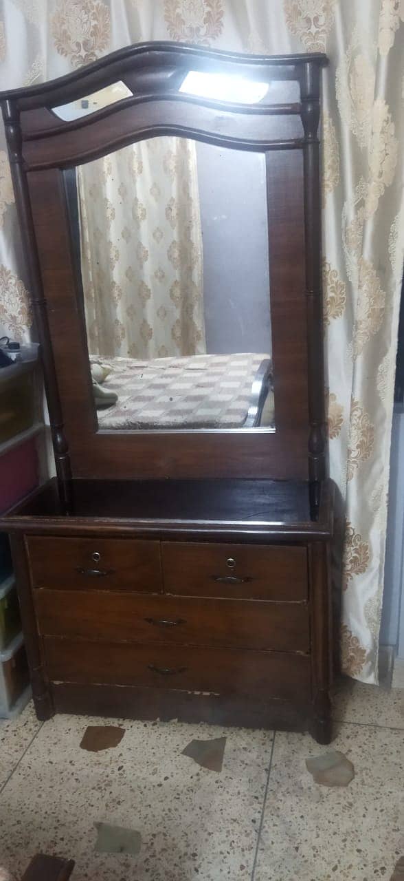 Wooden king size bed, matteres , wooden dressing table, 2 door cuprd 5