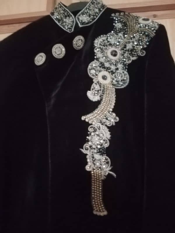 Black velvet sherwani for sale in very good condition with embroidery. 3