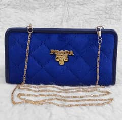 Hand And Shoulder Wallet For Girls With Long Golden Chain - Blue.