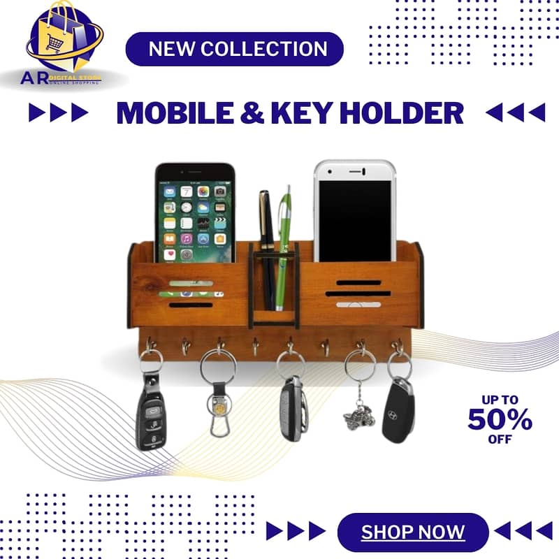 "Wall Mounted Mobile & Key Holder – Stylish Wooden Organizer for Home 0