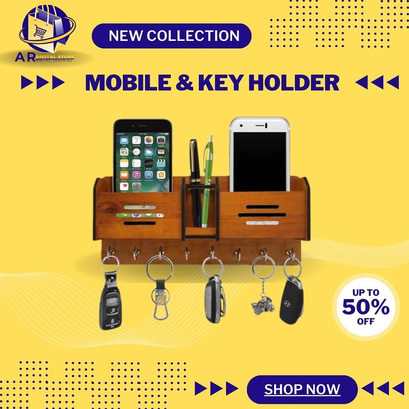 "Wall Mounted Mobile & Key Holder – Stylish Wooden Organizer for Home 1