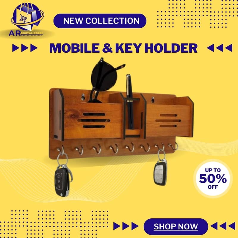 "Wall Mounted Mobile & Key Holder – Stylish Wooden Organizer for Home 2