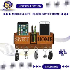 Mobile & Key Holder (Sweet Home) – Wooden Wall Organizer | Brown Key S