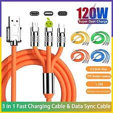 3 in 1 Orange Cable Fast Charging Cable Silicone 120W 6A Cable Fast Ch