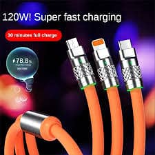 3 in 1 Orange Cable Fast Charging Cable Silicone 120W 6A Cable Fast Ch 2