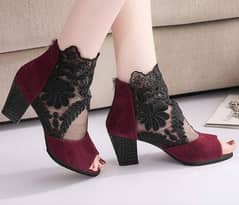 burgundy and black lace open toe heels