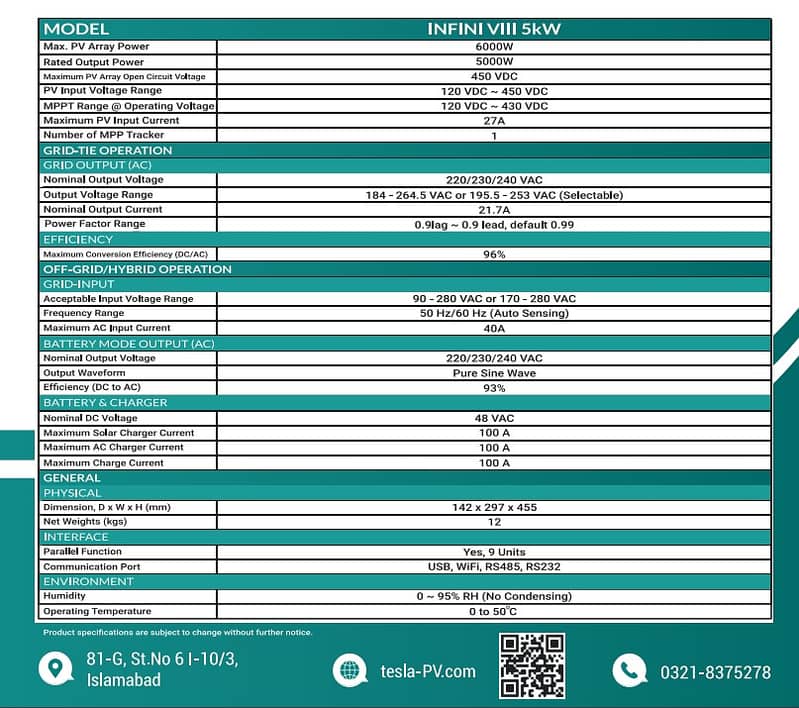 Solar Inverter Hybird TESLA INFINITY VIII 5kw 48vdc PV 5500w 1