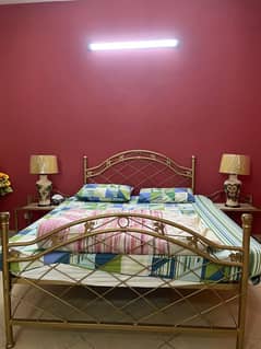 Iron bed with side tables, dressing table and mirror