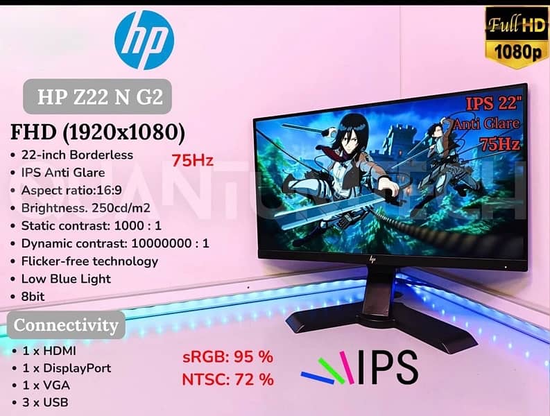 HP 75hz monitor 22inch display borderless 3