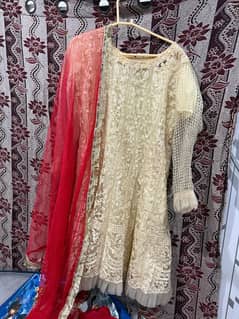 3 piece party wear frock with red dupatta and pjaama