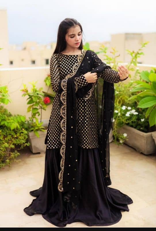 stunning black chiffon sequins embroidery  gharara. shirt set-3pcs 0