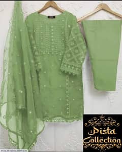 women's stitched 3 PCs Embroidered Green Organza and Linen