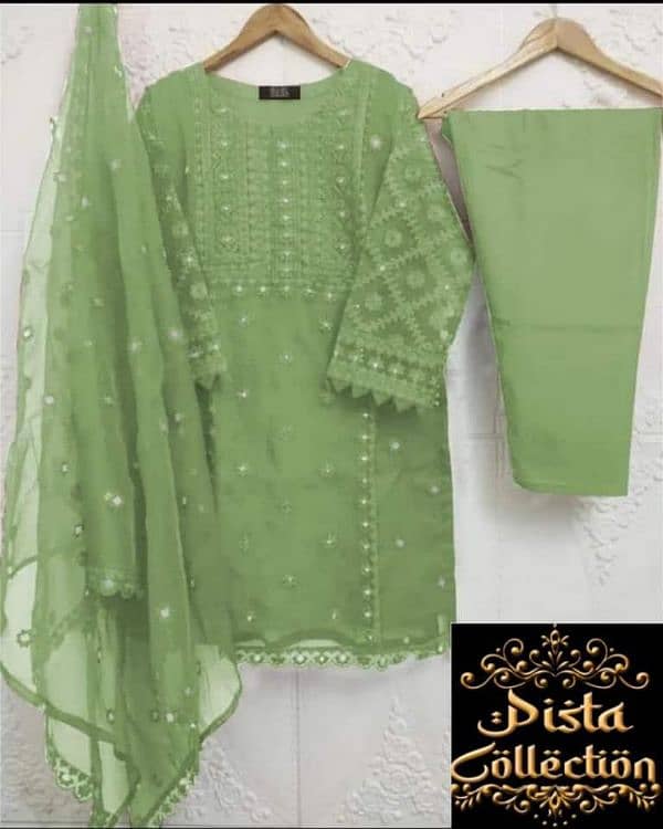 women's stitched 3 PCs Embroidered Green Organza and Linen 1