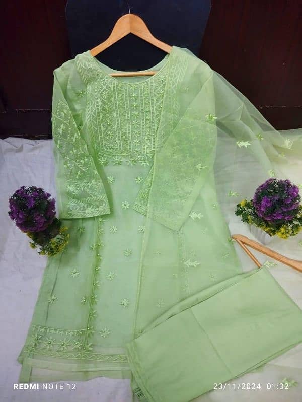 women's stitched 3 PCs Embroidered Green Organza and Linen 2