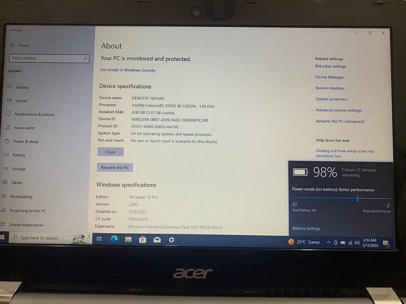 Acer new laptop Intel 5th gen 4gb Ram 128gb SSD Window 10 7