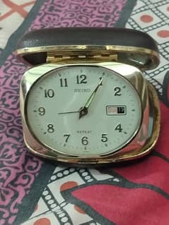 antique Seiko 5 Vintage Japan Alarm Day Date Travel Clock table brass