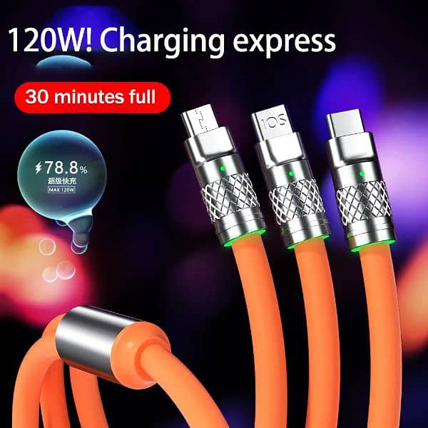 3 in 1 120W 6A Fast Charging Type C Cable Micro USB 2