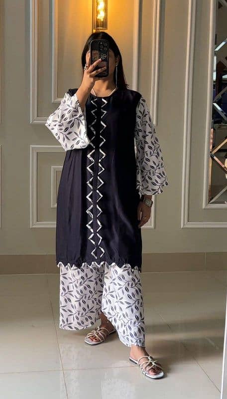 Stylish Printed Linen Women's Stitched Shirt And Trouser 2 Pcs Set 0