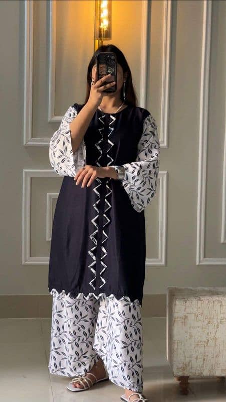 Stylish Printed Linen Women's Stitched Shirt And Trouser 2 Pcs Set 3