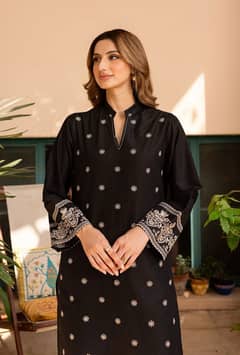 Women lawn shirt black front full Embroidered