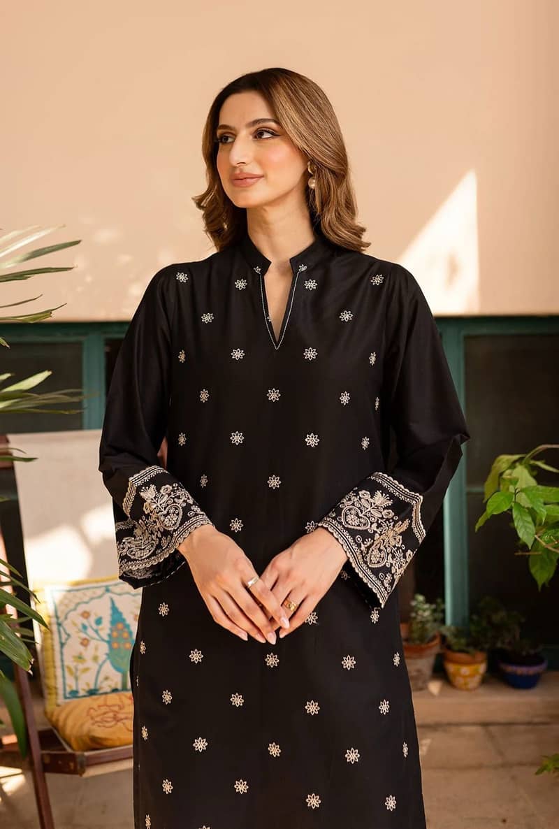 Women lawn shirt black front full Embroidered 0