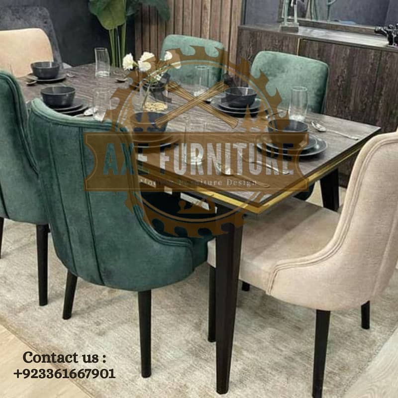 6 seater dining table set/marble top table/luxury dining/wooden chair 7