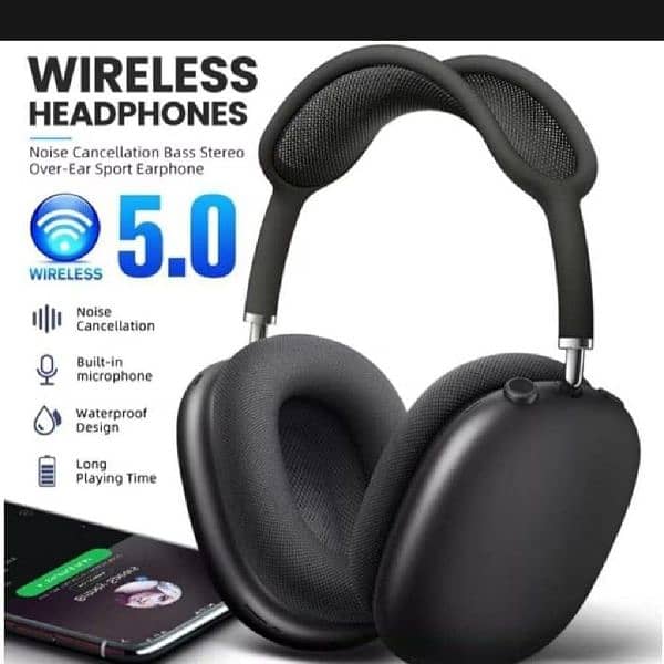 Black wireless HeadPhone With long lasting bettery & noice Earbuds 2 0