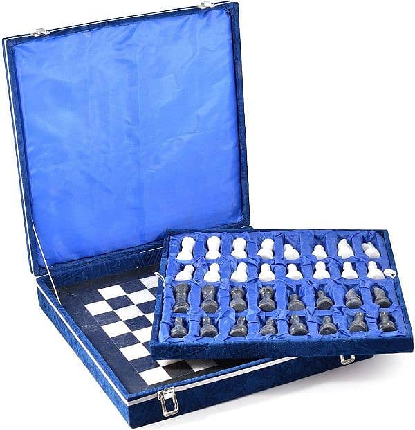 Luxury Blue Velvet Chess Set with Storage Case 0