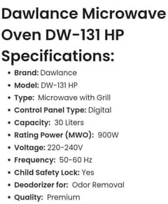 Dawlance DW-131-HP is a 30-liter for sale