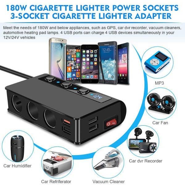 TR24 3 In 1 Car Cigarette Lighter Independent Switch Charger(Black) 2