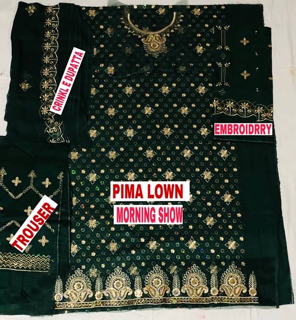 Pima lown morning show with crinkl dupatta embroidery trouser 1